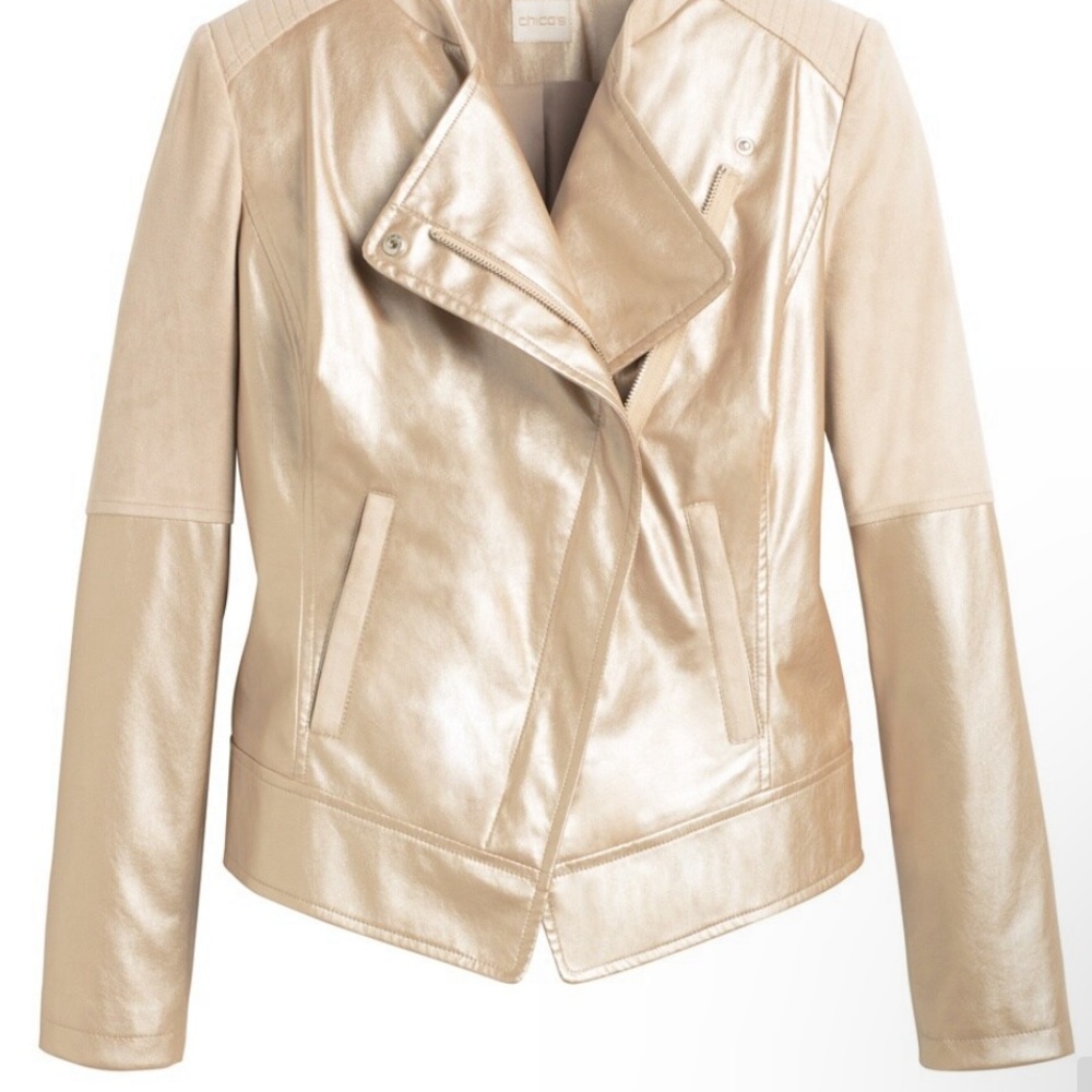 The brand is Chicos, size O, Color is Goldish Brownish.